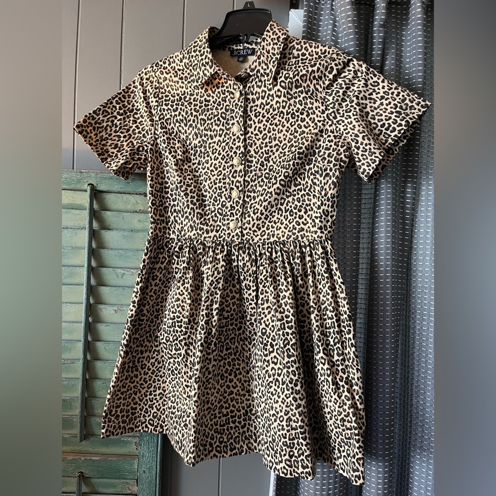 JCrew Leopard Print Mini Dress with gold button detail.